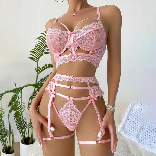 Bras Define Mulheres Sexy Cosplay Traje Lingerie Set Lace Strappy Hollow Underwear Floral Bordado Nightwear Outfit para