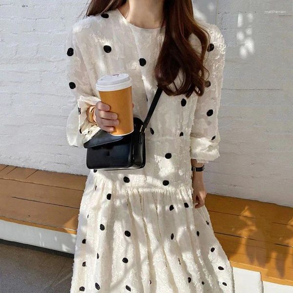 Casual Kleider Midi Kleid 2024 Elegante A-Line Koreanische Herbst Party Luxus Frau Frauen Hohe Taille Langarm Frühling Dünne Quaste polka Dot