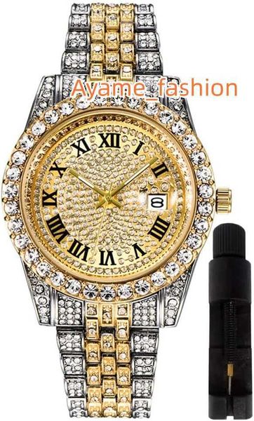 Relógio masculino HUNRUY Hip Hop Iced Out Sparkling Diamond Luxury Quartz Watch com data