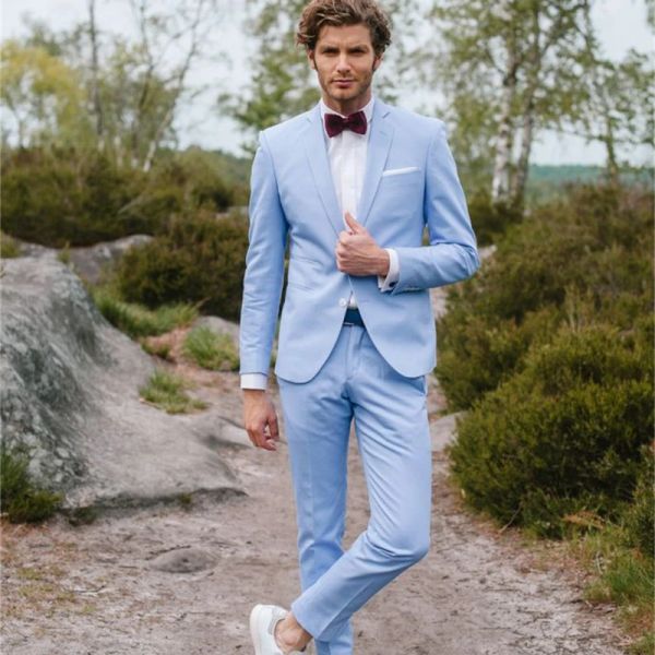 Anzüge Luxuriöser 2-teiliger Herren-Hochzeitsanzug 2021, schmale Passform, Bräutigam-Smoking, spitzes Revers, formelle Business-Himmelblaue Herrenanzüge (Blazer + Hose)