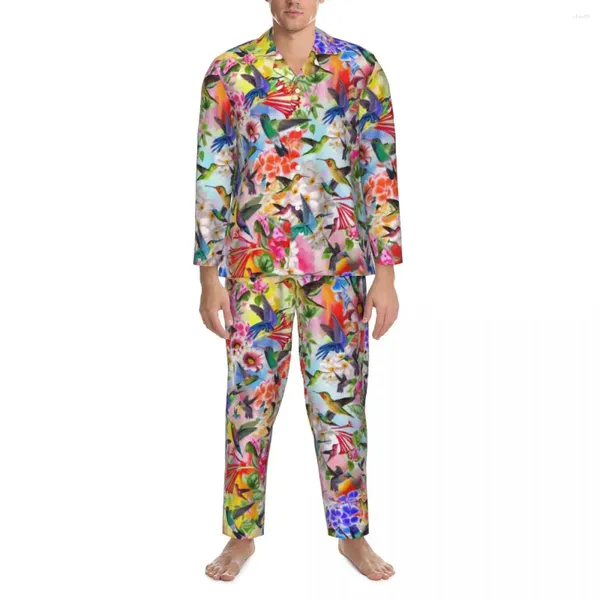 Homens sleepwear humming pássaros pijama conjuntos primavera retro flores impressão confortável sono homens duas peças vintage oversize personalizado nightwear