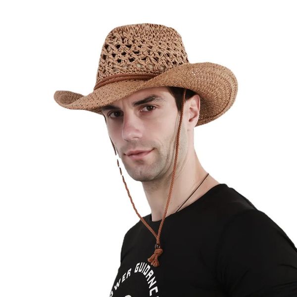 Chapéus de verão para mulheres homens ao ar livre aba larga papel palha chapéu de proteção solar unissex ocidental panamá cowboy com corda de vento 240219