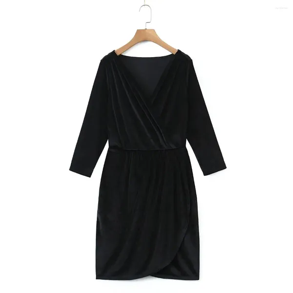 Casual Kleider Mini Schwarz Samt Kleid Frauen Langarm V-ausschnitt Sexy Kurzen Winter Frühling Wrap