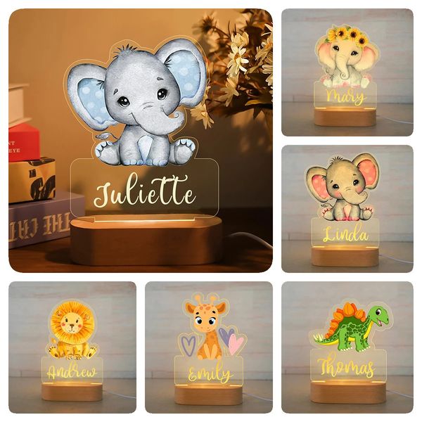 Crianças personalizadas animal luz da noite nome personalizado lâmpada acrílica para o bebê crianças quarto decoração de casa aniversário presente natal 240220