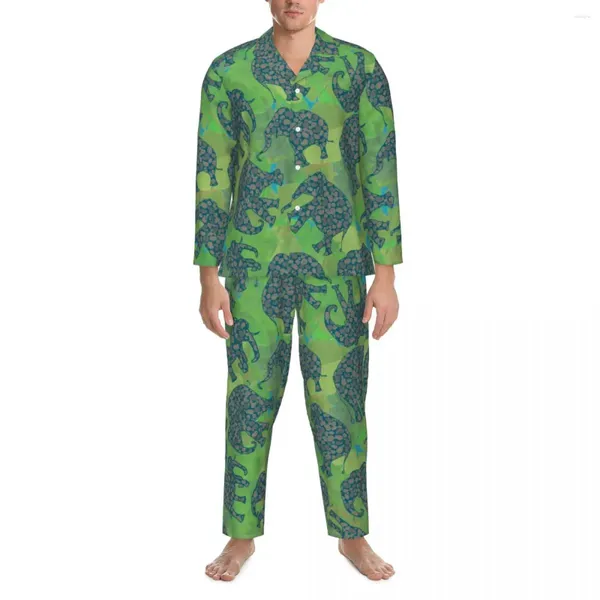 Homens sleepwear bonito paisley elefante pijama conjuntos outono verde selva folhas quarto homem 2 peças solto oversize gráfico nightwear presente