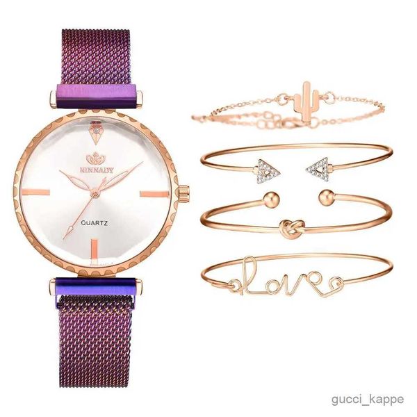 Orologi da donna Set da donna 5 pezzi Semplice strass Ladies es Luxury Woman Polso Maglia magnetica Viola Nuovo zegarek damski relógios