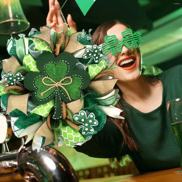 Dekorative Blumen, irischer Festival-Tageskranz für die Haustür, 40,6 cm, grünes St. Patrick's-Netz mit LuckyLeaf-Band, Frühlingskränze