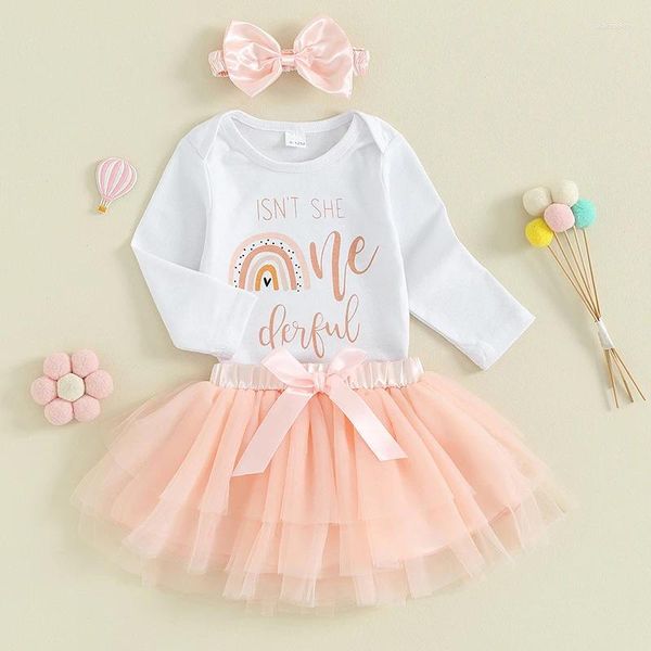 Set di abbigliamento Vestiti per neonate Cotone Stampa di lettere per bambini Body Gonna in tulle Fascia per capelli Abiti da principessa per neonati Set nato