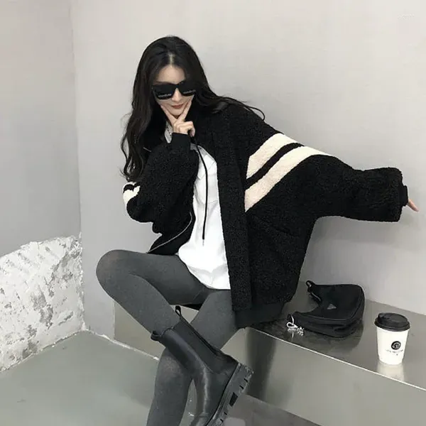 Kadın Ceketler Ins Sonbahar Kawaii Teddy Bear Kürk Büyük Boy Hoodies Harajuku Kadın Bombacı Ceket Sahte Kuzu Poz Sokak Giyim