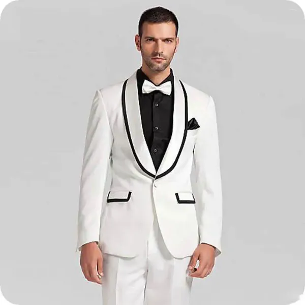 Ternos masculinos brancos para homens, elegante, xale, lapela, botão único, terno masculino, moda, festa, baile, casamento, smoking, slim, 2 peças, jaqueta com calças