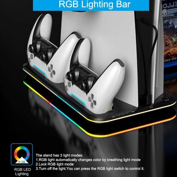 Stand Vertical Raffrending Stand Game Game Rack Rack Controller Disco di stoccaggio della stazione Dock con ventola di raffreddamento leggero RGB per PS VR2 PS5