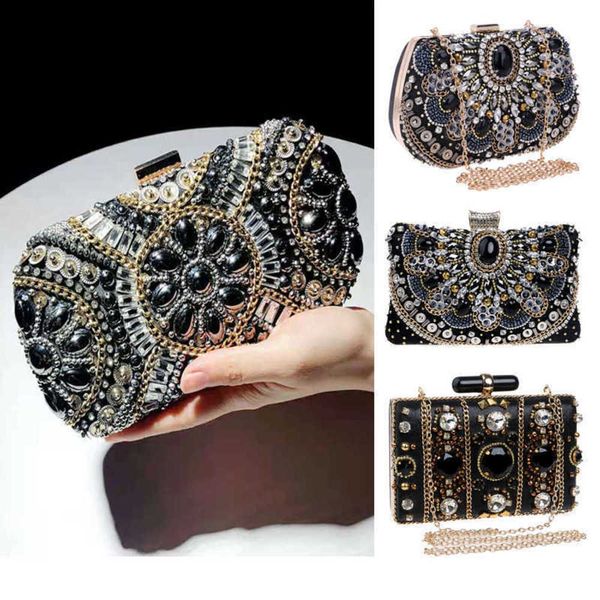 Luxus-Clutch-Taschen für den Abend, kleine Perlen-Geldbörse, elegante schwarze Handtasche für Hochzeit, Party, Metallkette, Schultertasche 221021