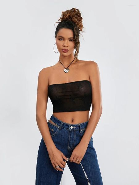 Tanques femininos Mulheres Lace Tube Tops Apertado Fora Do Ombro Sem Mangas Strapless Bordado Camisa De Colheita Para Festa Club Night