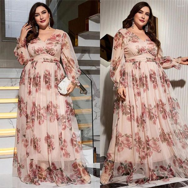 Roupas étnicas Vestido de baile Mulheres Elegante Noite Floral Impressão V Pescoço Manga Longa Malha Ver Através de Uma Linha Big Swing Roupas Plus Size Vestidos