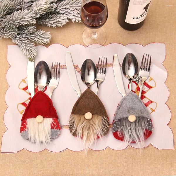 Set di posate Porta stoviglie da cucina Babbo Natale senza volto Decorazioni per la cena Borsa natalizia tascabile Tovagliette in sughero per la casa di Natale per la tavola