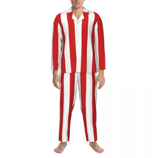 Herren-Nachtwäsche, rot-weiß gestreiftes Pyjama-Set, Vintage-Druck, männlich, langärmelig, lässig, lockere Nacht, 2-teilige Nachtwäsche, große Größe