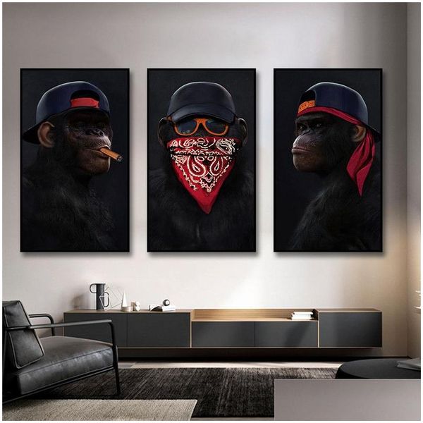 Pinturas engraçado animal pintura lona pinturas a óleo arte de parede posters 3 macacos sábios impressões para sala de estar decoração gota entrega h dhr0b