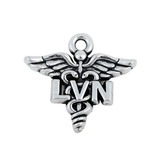 Antike Versilberung, medizinische lizenzierte Berufskrankenschwester, LVN-Charms, Caduceus-Medizinsymbol-Charms, AAC1787496532