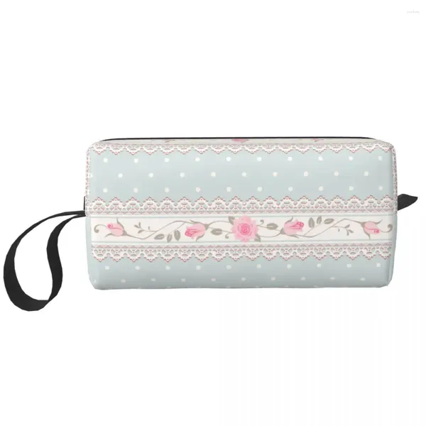 Sacos cosméticos vintage floral rosa rosas laços bolsa de maquiagem bolsa zíper viagem higiene pessoal pequeno armazenamento para mulher