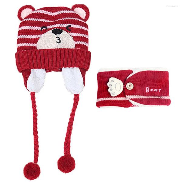 Береты для малышей, зимние вязаные наушники, шапка, шапка, шарф, комплект, детская шапка с медведем из мультфильма