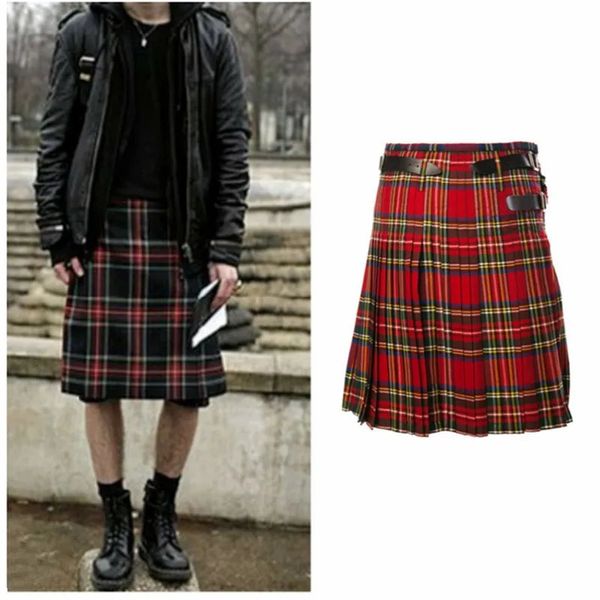 Мужской хлопковый плиссированный клетчатый килт с поясом, шотландский традиционный национальный костюм, красные клетчатые шотландские юбки, одежда в стиле панк, хип-хоп 240220