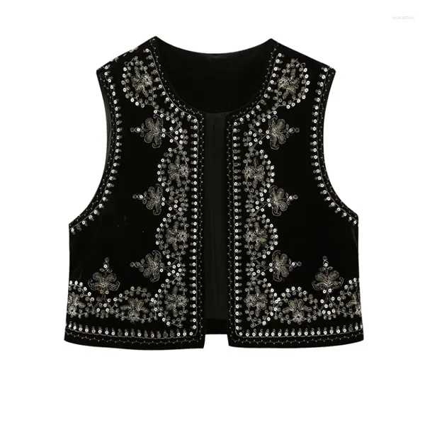 Gilet da donna Vintage O Collo Paillettes Fiore Ricamo Gilet corto Giacca da donna Senza maniche Casual Gilet in velluto