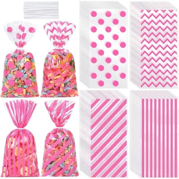 Geschenkpapier, 100 Stück, rosa Zellophan-Süßigkeitstüten, gepunktete Streifen, bedrucktes Muster, Geschenktüte mit Drehbändern für Geburtstagsparty-Zubehör