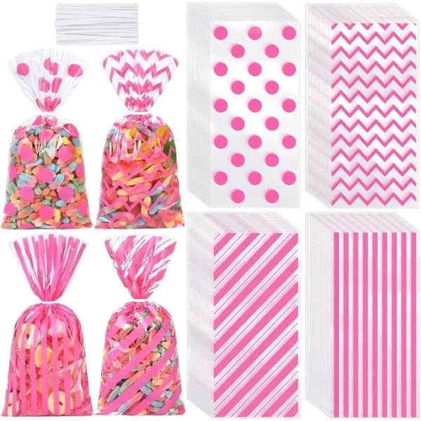 Hediye Sargısı 100 PCS Pembe Selofan Şeker Çantaları Polka Dot Çizgiler Baskılı Desen Bag, Doğum Günü Partisi Malzemeleri için Twist Bağları