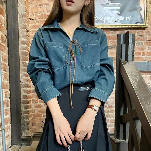 Blusas femininas Clothland Mulheres Elegantes Blusa Jeans Turn Down Collar Lace Up Camisa de Manga Longa Bonito Moda Vintage Tops Blusa LA922