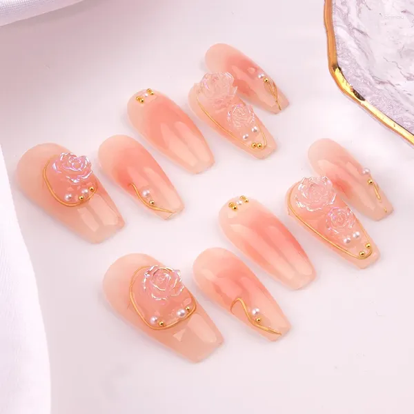 Falsas unhas conjunto de luxo francês longo arte artesanal flores artificial acrílico imprensa em dicas rosa decorações