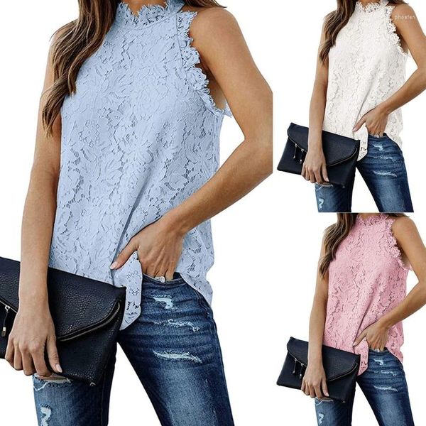 Blusas femininas verão sem mangas rendas florais para tanque top halter pescoço cílios guarnição cor sólida camisas oco fechadura volta casual