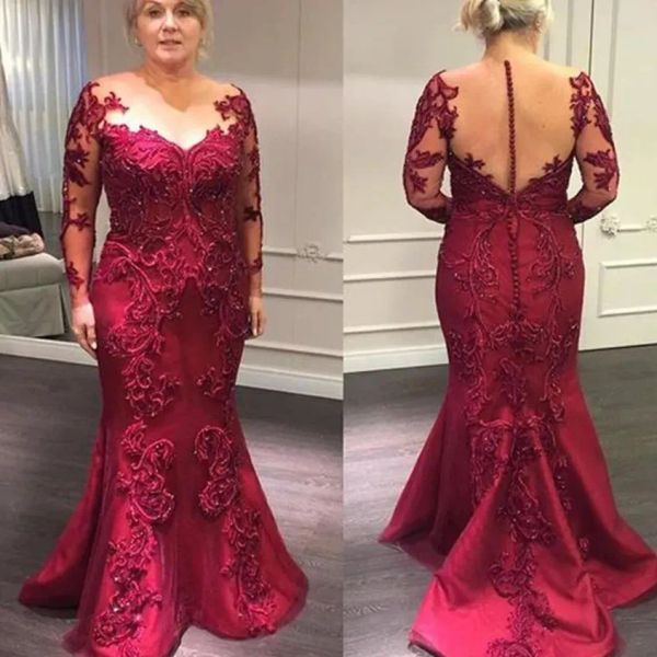 Vintage vermelho escuro sereia mãe vestidos sheer jóia pescoço apliques contas mangas compridas mãe da noiva noivo festa de noite vestido de convidado de casamento