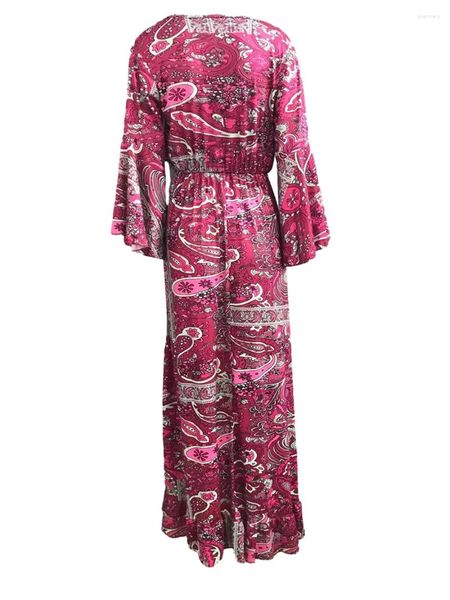 Vestidos casuais feminino elegante boho profundo decote em v manga comprida maxi vestido com estampa floral mangas bufantes em camadas design de babados e fluido