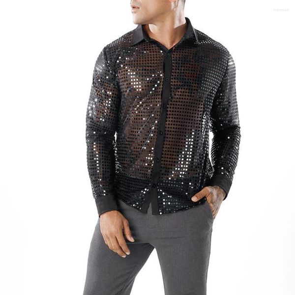 Per uomo Camicie eleganti Camicia con paillettes Per Retro anni '70 Disco Quotidiano 1 autunno Rete in poliestere Con paillettes Comodo Da uomo Primavera dorata