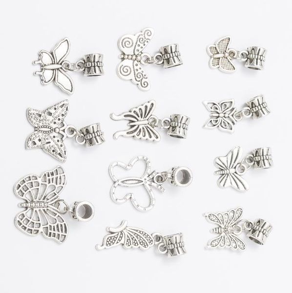 Mix 11 BUTTERFLY DANGLES Argento antico placcato lega Big Hole Charms Perline misura braccialetto Gioielli fai da te Collane Pendenti Perline8495061