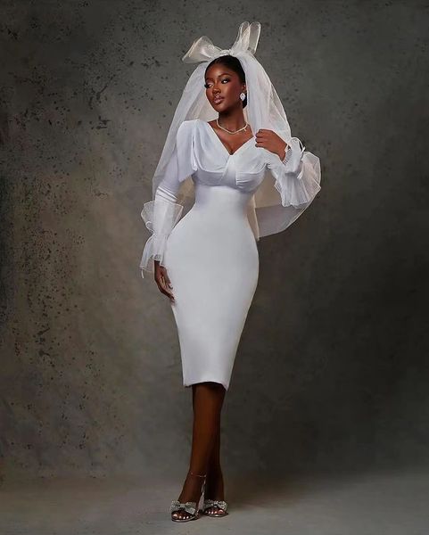Civil robe de mariee elegante sereia vestidos de casamento 2024 cetim com decote em v manga longa chá-comprimento vestido de noiva simples vestidos de novia