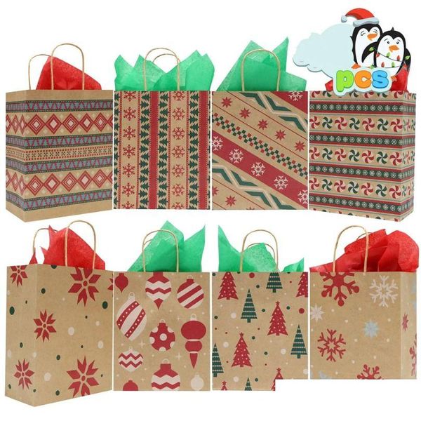 Confezione regalo Sacchetti natalizi con manico Sacchetto di carta Kraft stampato Bomboniere per bambini Decorazione della scatola Torta di Natale per la casa Caramelle 912 Consegna a goccia Dhfnp