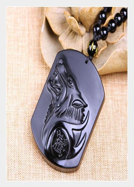 Obsidian Wolf Head Colar Pingente Esculpido Pedra Lobo Totens Lucky Amulet Beads Colares Para Mulheres Homens Cool Jewelry3836868