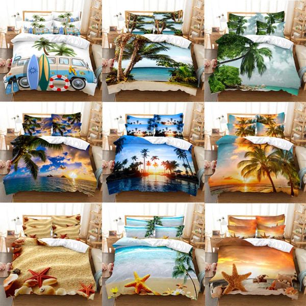 Set 3D HD Bettwäsche Set Queen Duvet Quilt Cover Kissen Kissenbett Leinen USA King Twin Full Double Einzelschlafzimmer Seaside Kokos