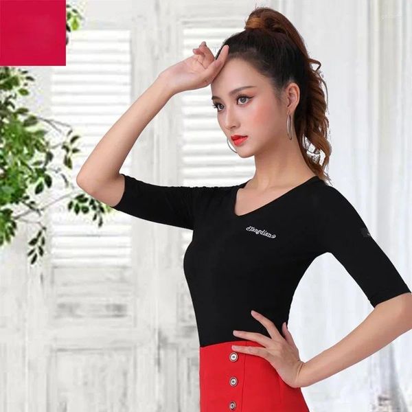 Abbigliamento da palcoscenico Camicia estiva da ballo latino per adulti a maniche corte con scollo a V Camicia da ballo standard femminile Costume da esibizione