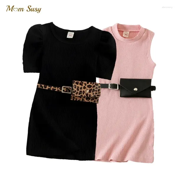 Mädchen Kleider Mode Baby Rippen Kleid Taille Leopard Tasche Infant Kleinkind Kind Sommer Vestido Kleidung 1-7Y