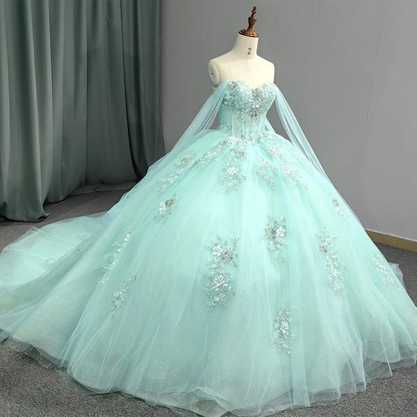 Mexiko Hellgrün weg von der Schulter Ballkleid Quinceanera Kleid für Mädchen Perlenapplikationen Geburtstag Party Kleider Ballkleider Sweet 16