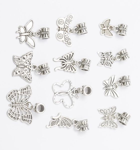 Mix 11 BUTTERFLY DANGLES Argento antico placcato lega Charms con foro grande Perline braccialetto adatto Gioielli fai da te Collane Pendenti Perline1272998