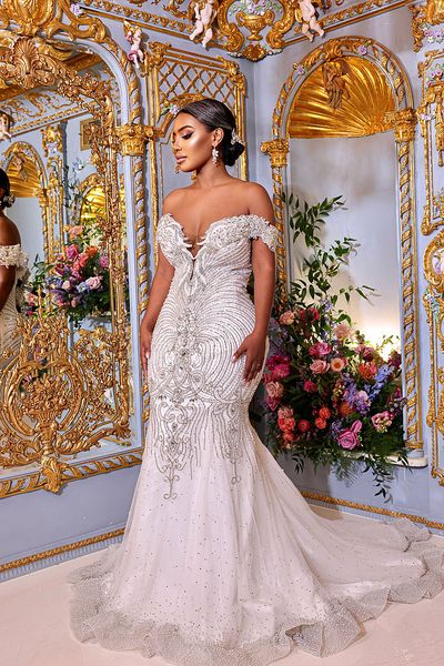 Abiti da sposa a sirena in pizzo arabo Aso Ebi 2024 Perline di cristallo glitter di lusso Diamante lungo trenoTulle Abito da sposa sexy su misura