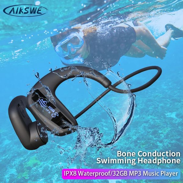 AIKSWE Knochenleitung Schwimmen IPX8 Wasserdichter Kopfhörer Drahtloser Bluetooth-Kopfhörer 32 GB MP3-Musik-Player Tauchen Sport-Headset 240221