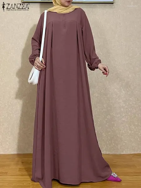 Ethnische Kleidung ZANZEA Vintage Abaya Muslim Kleid Volle Hülse O-ansatz Kleider Mode Solide Sommerkleid Elegante Eid Mubarek Vestidos Übergroßen