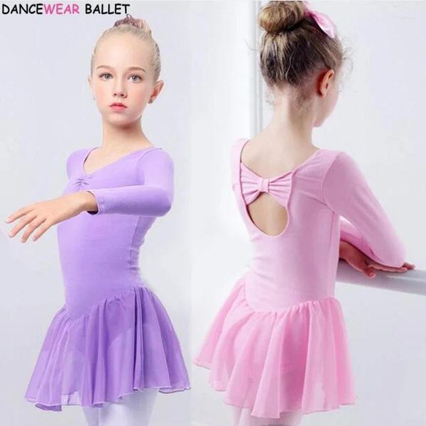 Palco desgaste meninas ballet vestido ginástica collant manga longa crianças criança rosa roupas dança com saias de chiffon para