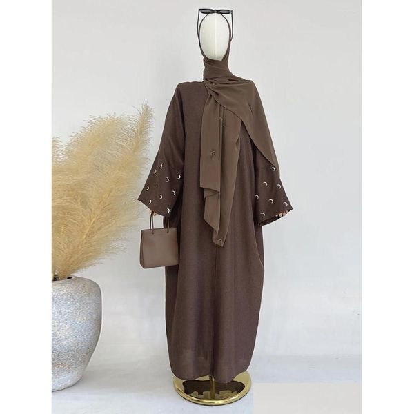 Abbigliamento etnico Luna Ricamo Abaya Tessuto effetto lino sottile Maniche a pipistrello Kimono Donne musulmane Dubai Hijab islamico Abito Ramadan Dhkn9