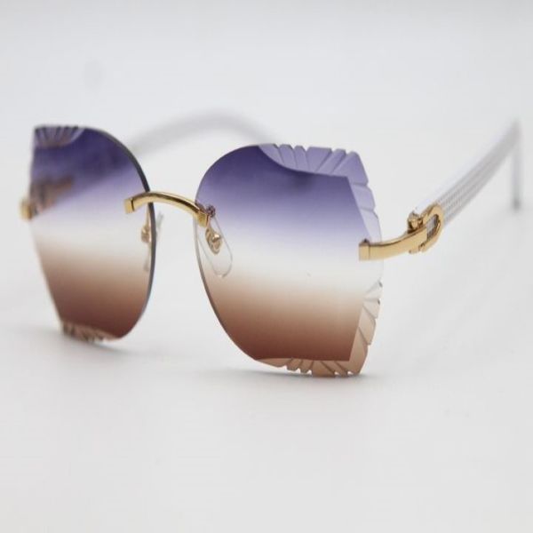 Nova lente esculpida popular óptica 8200762A óculos de sol sem aro unissex mistura de metal branco importação prancha óculos de sol de alta qualidade234a