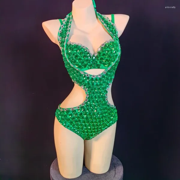 Palco desgaste verde strass bodysuit mulheres sexy pólo dança traje gogo desempenho roupas cantor macacão rave outfit